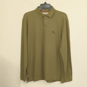 💎 Tommy Bahama Olive Long Sleeve Classic Pique Polo Shirt Medium - Flawed Gem